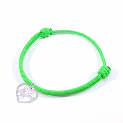 Bracelet cordon vert fluo avec pendentif cœur ajouré en argent