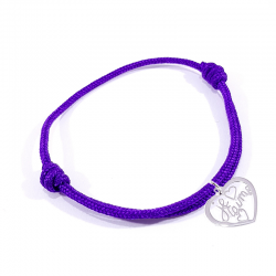 Bracelet cordon violet avec pendentif cœur ajouré en argent massif 925 et inscription" Je t'aime ".