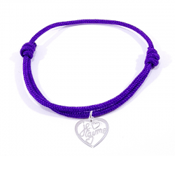 Bracelet cordon violet avec pendentif cœur ajouré en argent  et inscription" Je t'aime ".