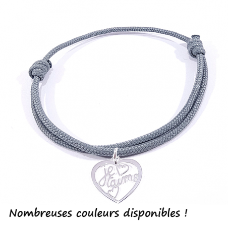 Bracelet cordon avec pendentif cœur ajouré en argent massif 925 et inscription" Je t'aime "