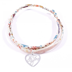 Bracelet en tissu liberty motifs étoilés et pendentif cœur ajouré en argent massif avec inscription "Je t'aime".