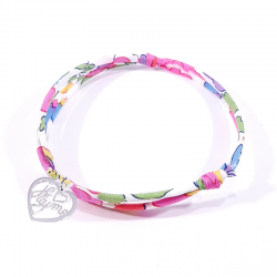 Bracelet en tissu liberty motifs fleuris roses et pendentif cœur ajouré