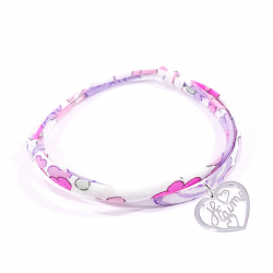 Bracelet en tissu liberty rose et pendentif cœur ajouré en argent massif avec inscription "Je t'aime".