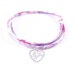 Bracelet en tissu liberty rose et pendentif cœur ajouré avec inscription "Je t'aime".