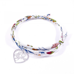 Bracelet en tissu liberty motif fleurs de grenade et pendentif cœur ajouré