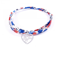 Bracelet en tissu liberty motif bleu blanc rouge et pendentif cœur ajouré avec inscription "Je t'aime".