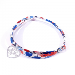 Bracelet en tissu liberty motif bleu blanc rouge et pendentif cœur ajouré