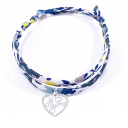 Bracelet en tissu liberty motif fleur de mimosa et pendentif cœur ajouré