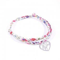 Bracelet en tissu liberty motif fleurs multicolores et pendentif cœur ajouré en argent massif avec inscription "Je t'aime".