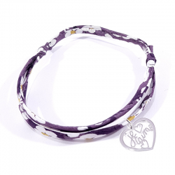 Bracelet en tissu liberty motif fleurs violet et pendentif cœur ajouré