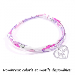 Bracelet en tissu liberty motifs fleuris et pendentif cœur ajouré en argent massif avec inscription "Je t'aime".