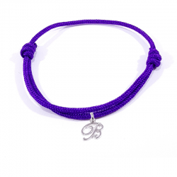Bracelet cordon violet avec pendentif lettre initiale B en argent disponible dans de nombreuses couleurs