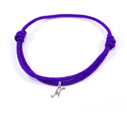 Bracelet cordon violet avec pendentif lettre initiale N en argent disponible dans de nombreuses couleurs