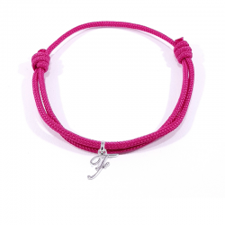 Bracelet cordon rose fuchsia avec pendentif lettre initiale F en argent disponible dans de nombreuses couleurs