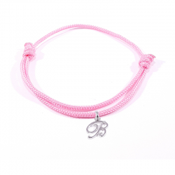 Bracelet cordon rose bonbon avec pendentif lettre initiale B en argent disponible dans de nombreuses couleurs