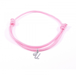 Bracelet cordon rose bonbon avec pendentif lettre initiale U en argent disponible dans de nombreuses couleurs