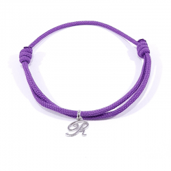 Bracelet cordon mauve lilas avec pendentif lettre initiale R en argent disponible dans de nombreuses couleurs