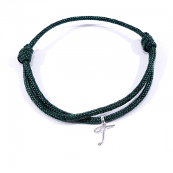 Bracelet cordon vert sombre avec pendentif lettre initiale T en argent disponible dans de nombreuses couleurs