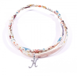 Bracelet initiale argent et tissu liberty motifs multicolores lettre anglaise K