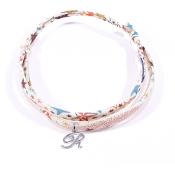 Bracelet initiale argent et tissu liberty motifs multicolores lettre anglaise R