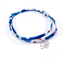 Bracelet initiale argent et tissu liberty bleu lettre anglaise B