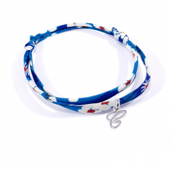 Bracelet initiale argent et tissu liberty bleu lettre anglaise C