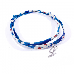 Bracelet initiale argent et tissu liberty bleu lettre anglaise L