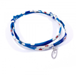 Bracelet initiale argent et tissu liberty bleu lettre anglaise O