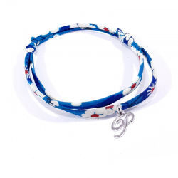 Bracelet initiale argent et tissu liberty bleu lettre anglaise P