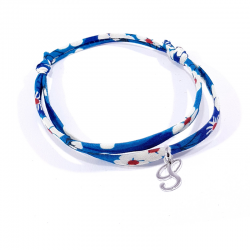 Bracelet initiale argent et tissu liberty bleu lettre anglaise S