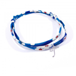 Bracelet initiale argent et tissu liberty bleu lettre anglaise T