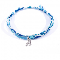 Bracelet initiale argent et tissu liberty bleu cristal lettre anglaise A