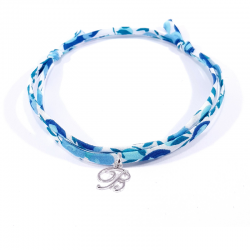 Bracelet initiale argent et tissu liberty bleu cristal lettre anglaise B