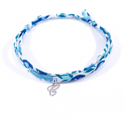 Bracelet initiale argent et tissu liberty bleu cristal lettre anglaise C