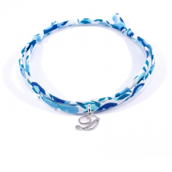 Bracelet initiale argent et tissu liberty bleu cristal lettre anglaise D