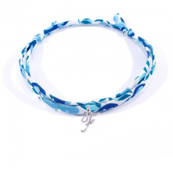 Bracelet initiale argent et tissu liberty bleu cristal lettre anglaise F