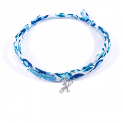 Bracelet initiale argent et tissu liberty bleu cristal lettre anglaise H