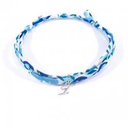 Bracelet initiale argent et tissu liberty bleu cristal lettre anglaise I