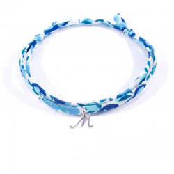 Bracelet initiale argent et tissu liberty bleu cristal lettre anglaise M