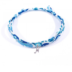 Bracelet initiale argent et tissu liberty bleu cristal lettre anglaise N