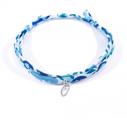 Bracelet initiale argent et tissu liberty bleu cristal lettre anglaise O