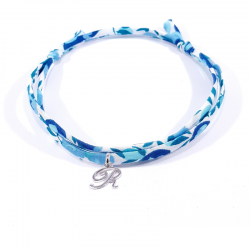 Bracelet initiale argent et tissu liberty bleu cristal lettre anglaise R