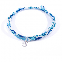 Bracelet initiale argent et tissu liberty bleu cristal lettre anglaise S