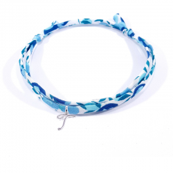 Bracelet initiale argent et tissu liberty bleu cristal lettre anglaise T