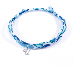 Bracelet initiale argent et tissu liberty bleu cristal lettre anglaise U