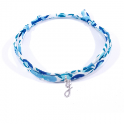 Bracelet initiale argent et tissu liberty bleu cristal lettre anglaise J