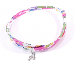 Bracelet initiale argent et tissu liberty rose fleur de fuchsia lettre anglaise A