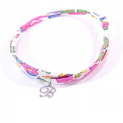 Bracelet initiale argent et tissu liberty rose fleur de fuchsia lettre anglaise B