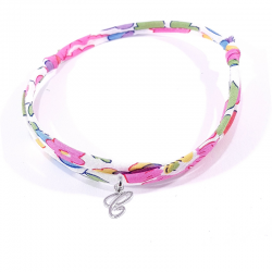 Bracelet initiale argent et tissu liberty rose fleur de fuchsia lettre anglaise C