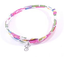 Bracelet initiale argent et tissu liberty rose fleur de fuchsia lettre anglaise E